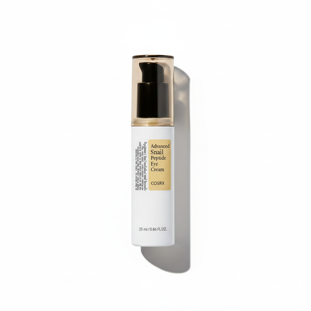 A bottle of COSRX Advanced Snail Peptide Eye Cream with a white and gold design, 25ml in size.