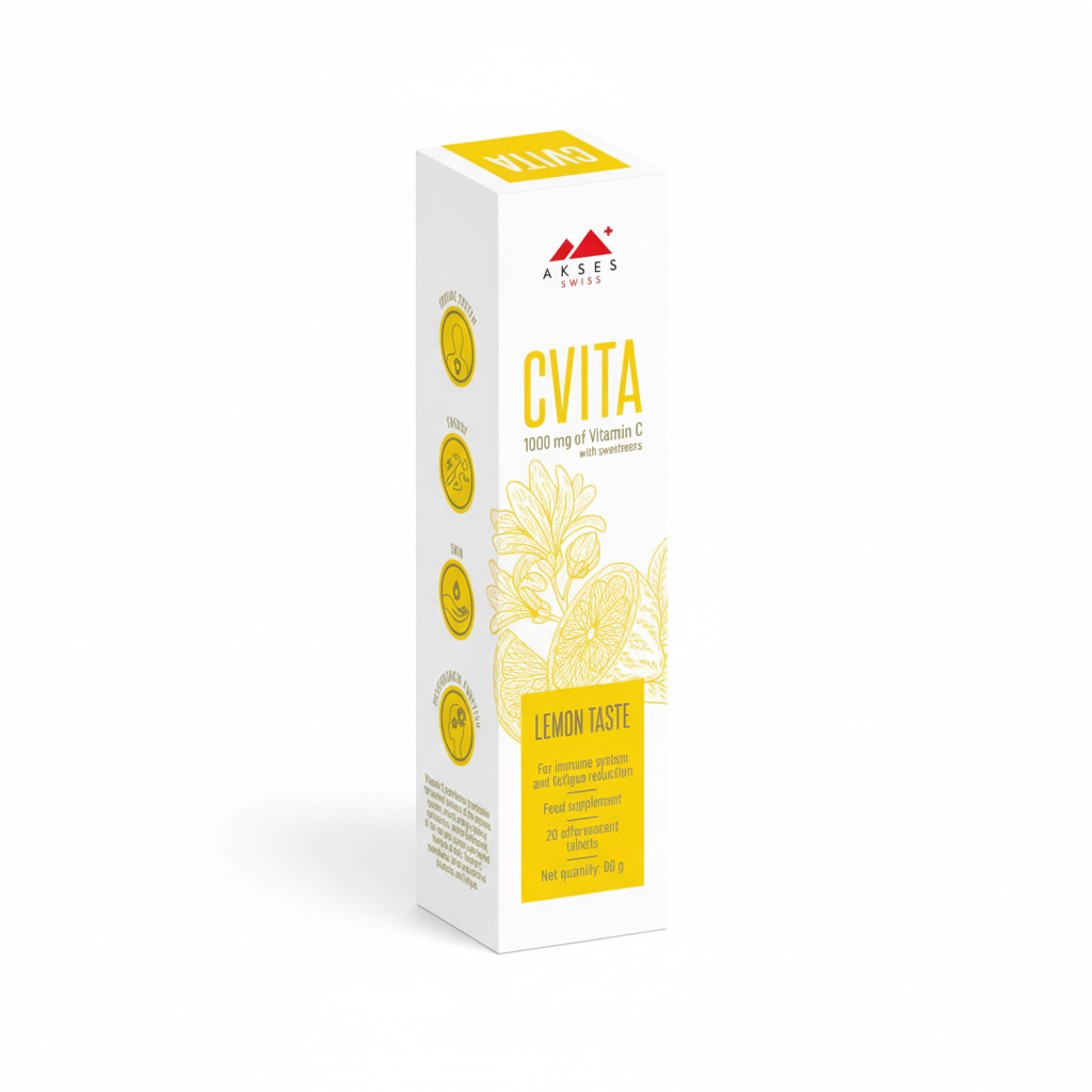 Box of CVITA Vitamin C 1000mg Effervescent Lemon Taste tablets.