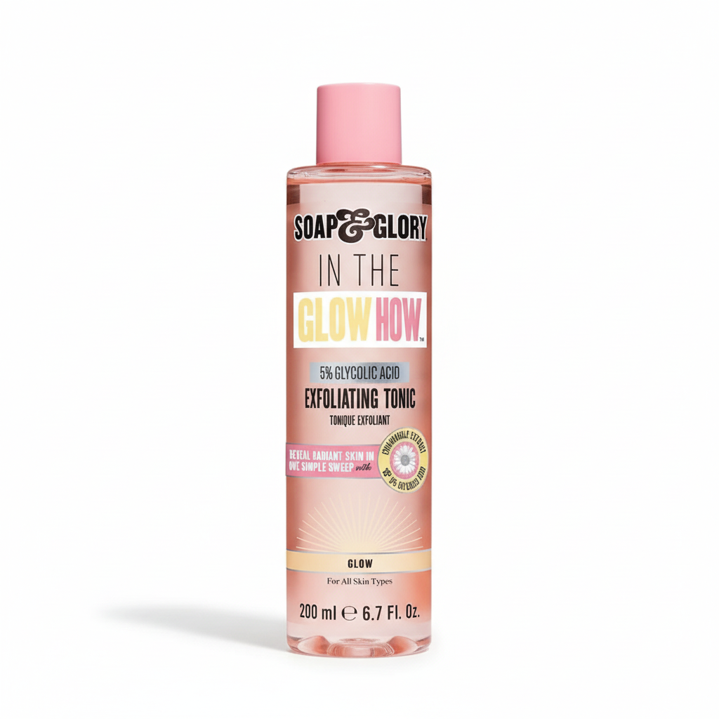 A pink bottle of Soap And Glory In The Glow How 5% Glycolic Acid Exfoliating Tonic with chamomile, for all skin types, 200ml.