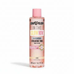 A pink bottle of Soap And Glory In The Glow How 5% Glycolic Acid Exfoliating Tonic with chamomile, for all skin types, 200ml.
