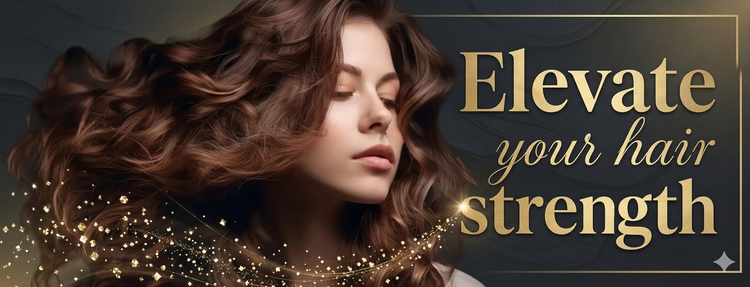Woman with styled hair and text 'Elevate your hair strength' on a dark background